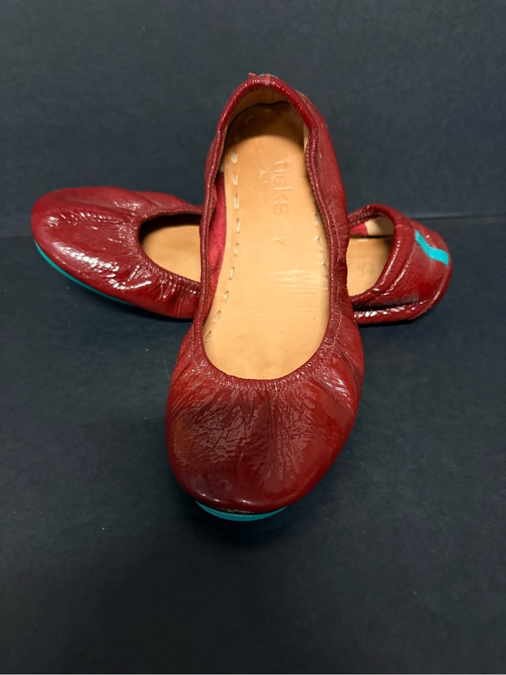 Tieks Women's Red Patent Leather Ballet Flats with Turquoise Sole Accent
